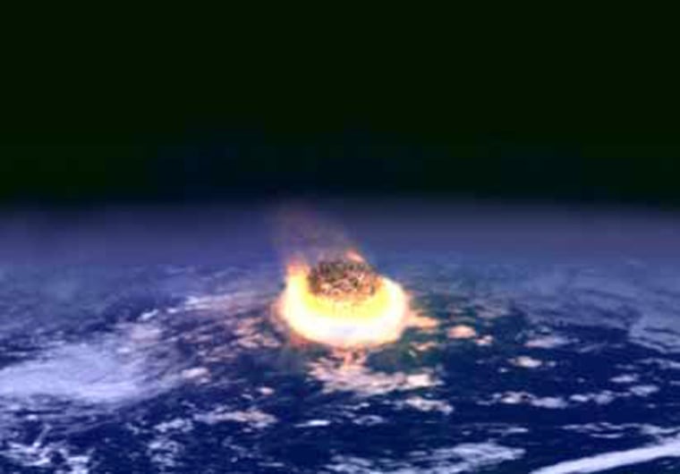 An artist's conception shows a giant asteroid slamming into Antarctica.