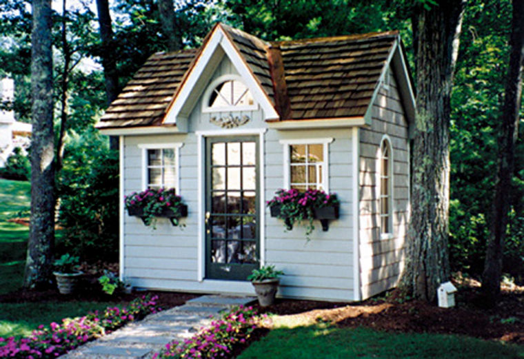 A Boxwood, Mass. family has installed this 8-foot by 12-foot model from Summerwood Products, which it calls "the kissing shed," as a place to hang out in their backyard.