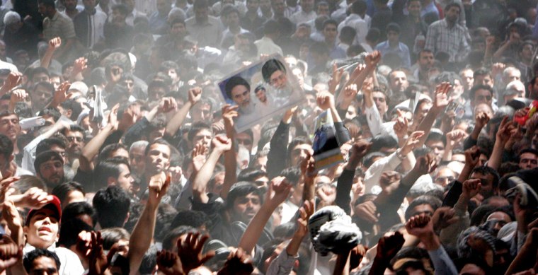 Iranians chant slogans in support of Iran's nuclear programme during anniversary of death of Late Leader Ayatollah Ruhollah Khomeini in Tehran