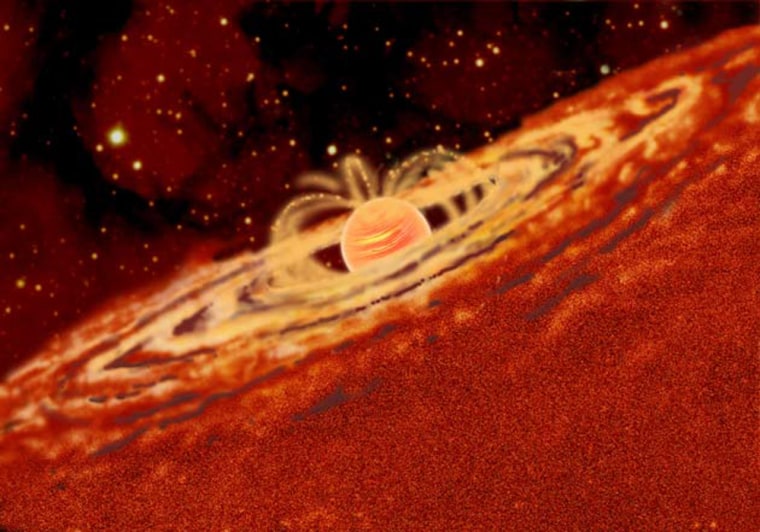An artist's rendering shows a planemo, or planetary-mass object, surrounded by a disk of gas and dust that could form satellites. 