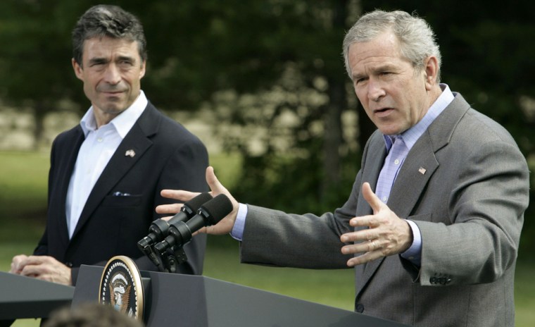 U.S. President Bush speaks at joint news conference with Danish PM Rasmussen at Camp David
