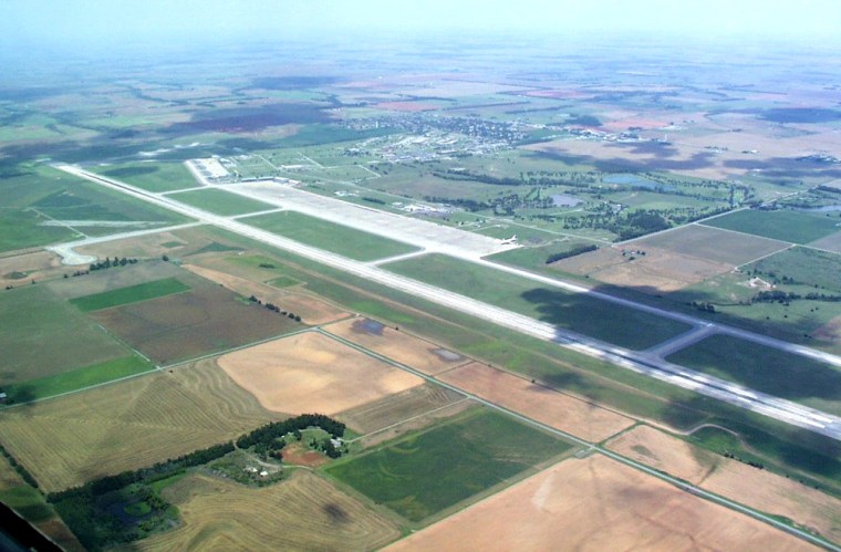 An aerial view shows the Oklahoma Spaceport's 13,503-foot-long runway, which is one of the facility's selling points.