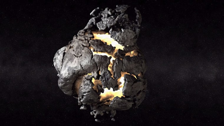 A supercomputer created this shock physics simulation, showing a 10-megaton nuclear device exploding at asteroid Golevka’s center of mass. The simulation provided realism in the way cracks would form and propagate if the asteroid were a single, solid rock with strength. 