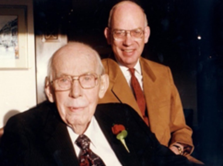 The last photograph of Wallace Bennett, seen here at his 95th birthday with his son Bob - Bennett family