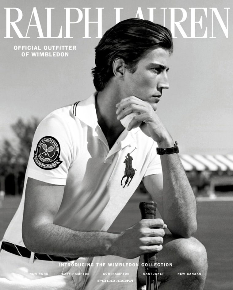 In this photo released by Polo Ralph Lauren Corp. earlier this month, an ad for Ralph Lauren's Wimbledon range of clothing is seen. Polo Ralph Lauren will become the first external company in 129 years to outfit the British tennis event's 570 umpires, ball girls and ball boys.
