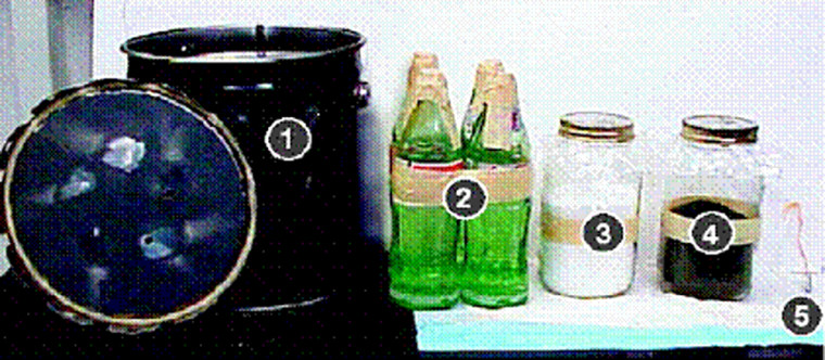 Components of possible terrorist chemical device: The chemical device consists of a container or canister, such as a large milk container or paint can (1). Some of the materials are likely to be in glass bottles or vials (2). The bottom of the container, around the bottles, would be partially filled with white/yellow crystals (3). A more sophisticated device would also use purple crystals (4). The device could be used with or without a detonator (5). 