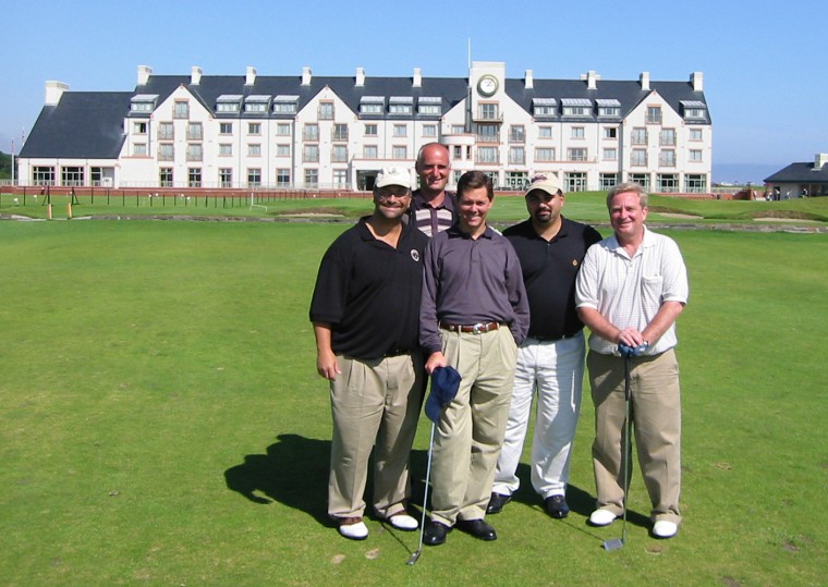 (Left to right, front row) Jack Abramoff, Ralph Reed, Rep. Bob Ney, R-OH, (back row, left to right) unidentified Scottish aide and David H. Safavian on a golf trip to St. Andrews in Scotland.