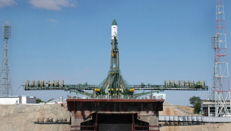 A Progress ship sits atop its Soyuz booster rocket before Saturday's liftoff.