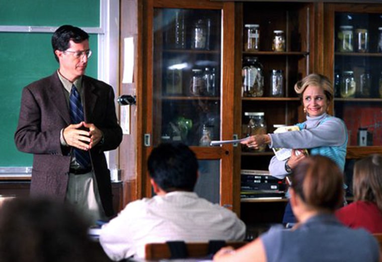 In this photo provided by ThinkFilm, Mr. Charles \"Chuck\" Noblet (Stephen Colbert) is handed a paper from Jerri Blank (Amy Sedaris, right), a forty-seven year old ex-con, who decides to returns home and turn her life around by picking it up exactly where she left off as a high school freshman, in \"Strangers with Candy.\" (AP Photo/ThinkFilm)
