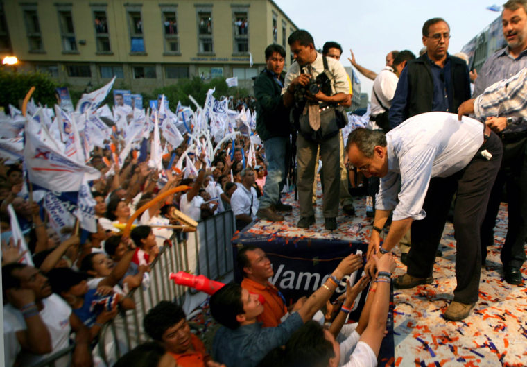 Calderon presidential candidate for PAN greets supporters at the last campaign rally in Guadalajara City