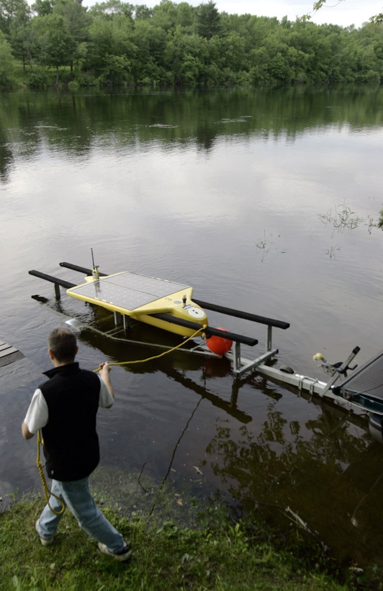 A SAUV, or solar-powered autonomous underwater vehicle, is launched on the Hudson River at Fort Edward, N.Y., on June 5 for a test run.