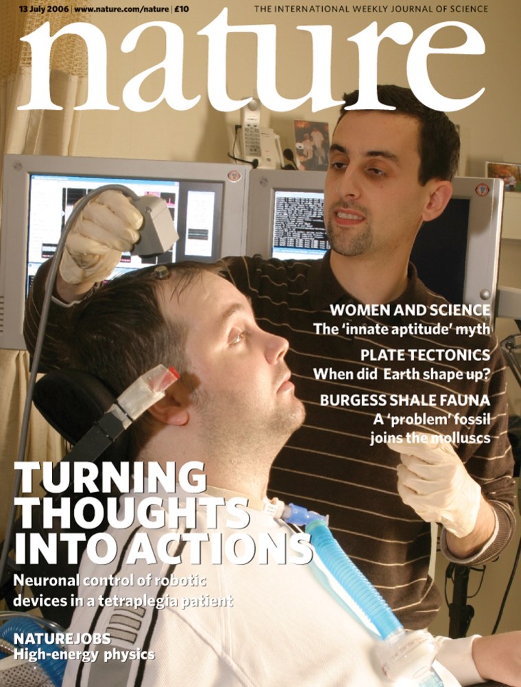 In the journal Nature's cover photo, an experimental subject known as M.N. is fitted with electrodes that allow him to control devices such as computers and robotic limbs.