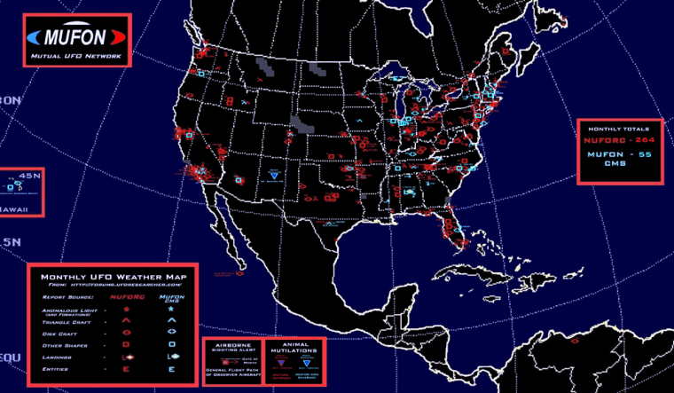 This "UFO Weather Map" is based on data from the Mutual UFO Network as well as the National UFO Reporting Center, and is available via the MUFON.com Web site. The map illustrates the national spread of UFO reports.