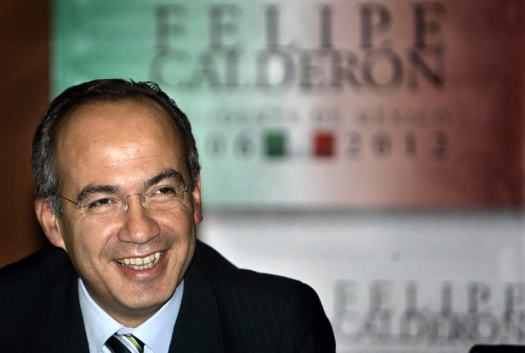 Mexico's presidential hopeful Felipe Calderon of the National Action Party (PAN) smiles during a meeting with poverty experts in Mexico City, Mexico on Wednesday July 19, 2006. An official tally gave Calderon a 244,000-vote advantage, a margin of less than 0.6 percent of the total vote in the July 2 election. Lopez Obrador has challenged the lead in Mexico's top electoral court, which must rule on appeals by Aug. 31 and declare a president-elect by Sept. 6. (AP Photo/Eduardo Verdugo)