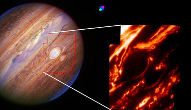At left is a false-color composite near-infrared image of Jupiter and its moon Io, taken by the Keck II telescope. At right is a closeup of the two red spots through a 5-micron filter, which samples thermal radiation from deep in the cloud layer. Red Spot Jr. appears darker, either because its clouds are less dense or because the tops of the clouds are not as high as those of the larger spot. 