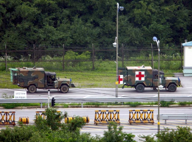 South Korean military trucks in Paju, about 34 miles north of Seoul, are on standby in the demilitarized zone separating North Korea and South Korea in this photo from July 2006. 
