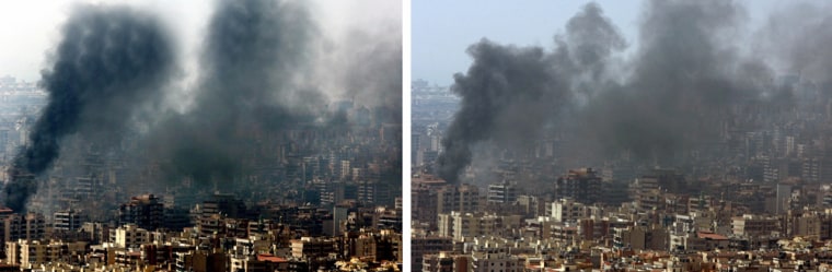 Reuters on Sunday withdrew an image of smoke rising from burning buildings after an Israeli air strike on the suburbs of Beirut on August 5, 2006 after evidence emerged that it had been manipulated to show more smoke