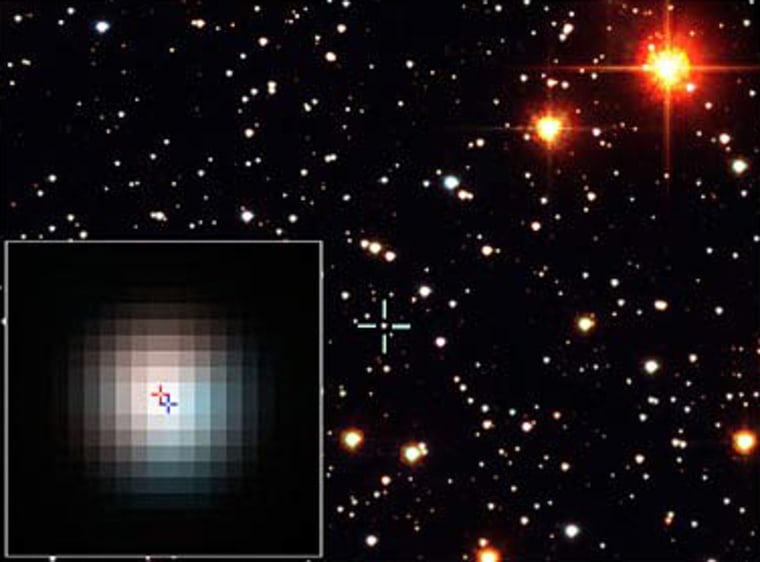 This is a Hubble Space Telescope view of a small region of our galaxy where the host star to a gravitationally lensed planet is located. The star is identified by the crosshatch at the center of the frame. An enlarged image of the target (lower left inset) reveals the light of two stars: a foreground star and a background star superimposed on each other. The background star is the brighter, solar-type star, and the foreground star is the fainter star.