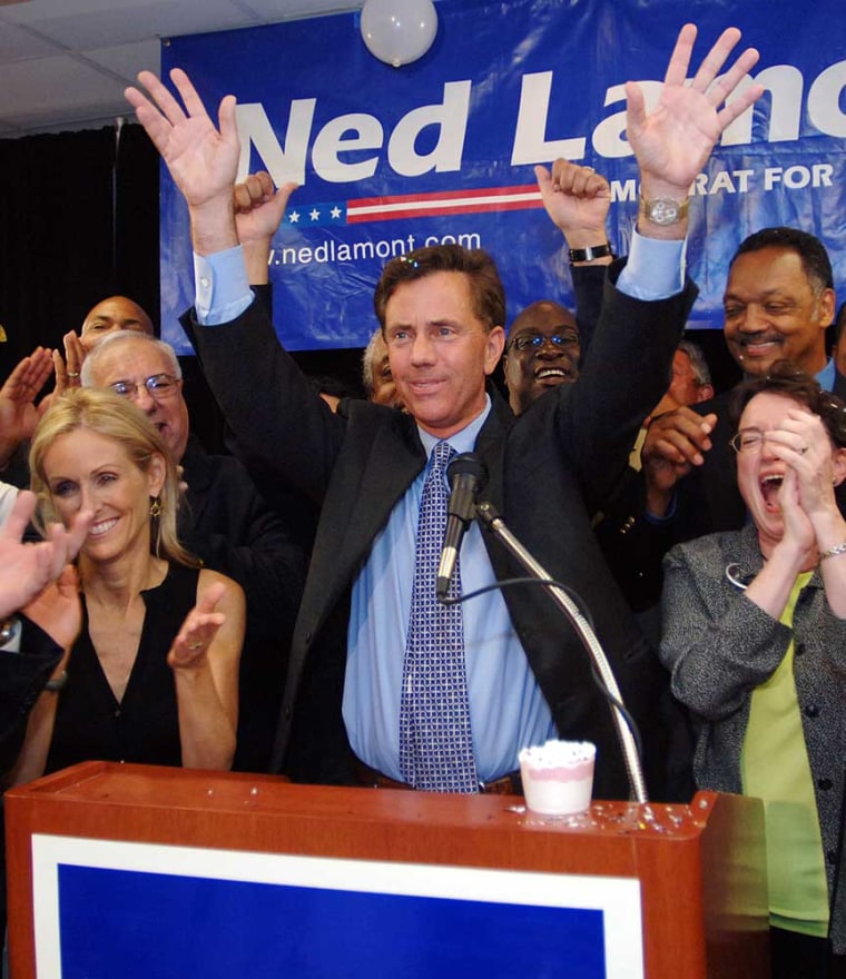 Greenwichbusinessman Ned Lamont celebrates his victory over incumbent Sen. Joe Lieberman in the Democratic state primary at the Four Points Sheraton in Meriden, Conn., on Tuesday, Aug. 8, 2006. 