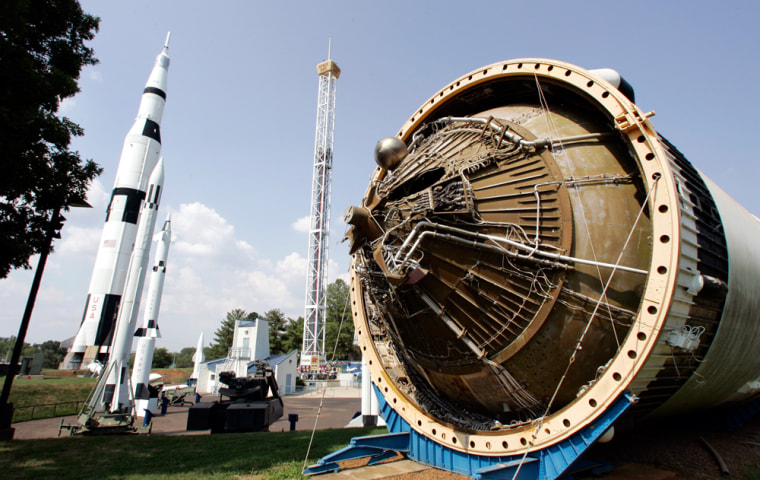 NASA engineers designing the new Ares moon rocket have taken parts off an old Saturn S4B rocket stage, right, shown on display at the U.S. Space and Rocket Center in Huntsville, Ala.