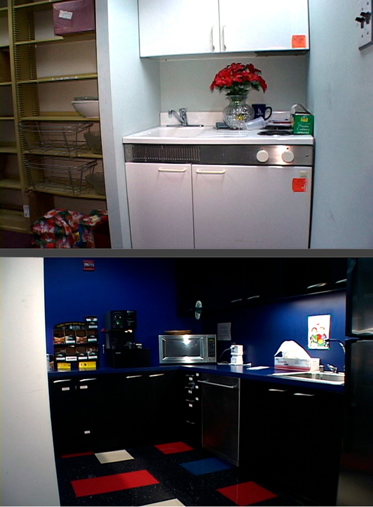 These images from August 2006 video compare the offices of the federal non-profit Legal Services Corp. at two different locations in Washington: the kitchen at the Neighborhood Legal Services Office on 4th Street N.W., top, and the kitchen at the Legal Services headquarters office in Georgetown. The federal program, that provides legal assistance to poor Americans, turns away half of its applicants for lack of resources, while agency documents obtained by The Associated Press detail luxuries that Legal Services executives have given themselves with federal money. (AP Photo/Kevin Vineys)