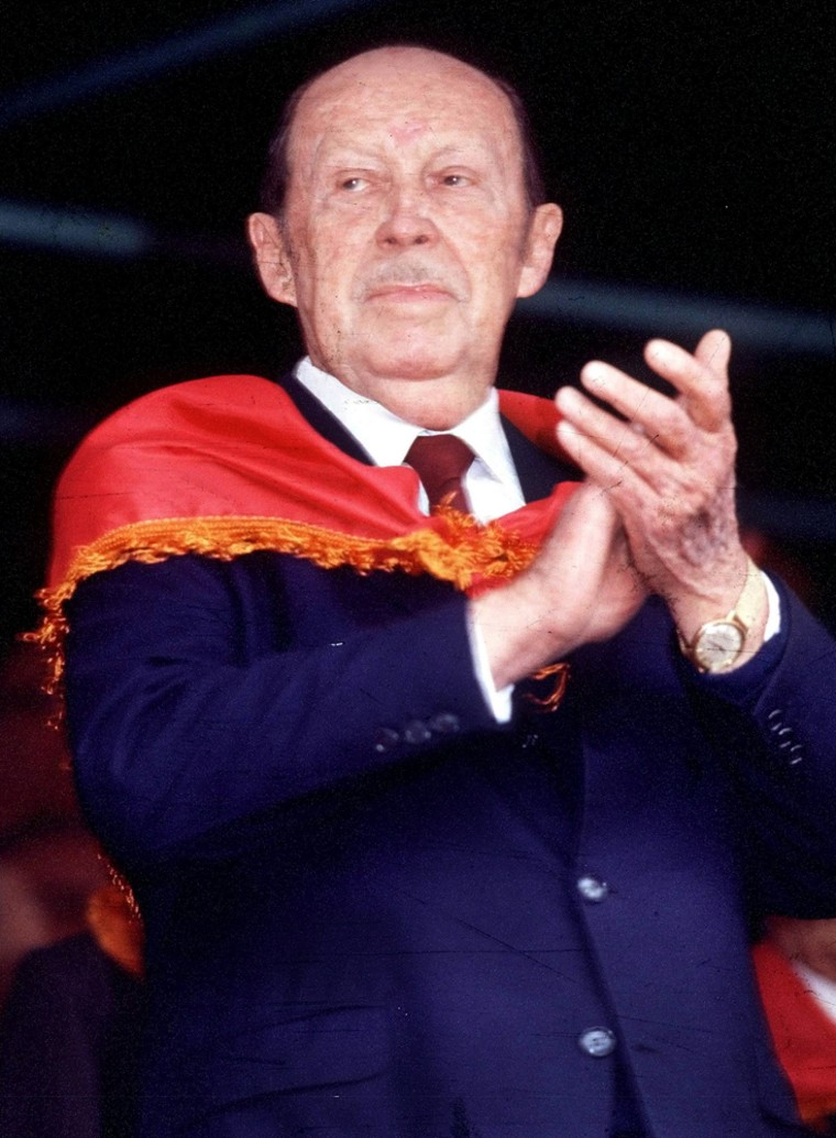 File photo of Paraguayan dictator Alfredo Stroessner applauding at a party rally in Asuncion