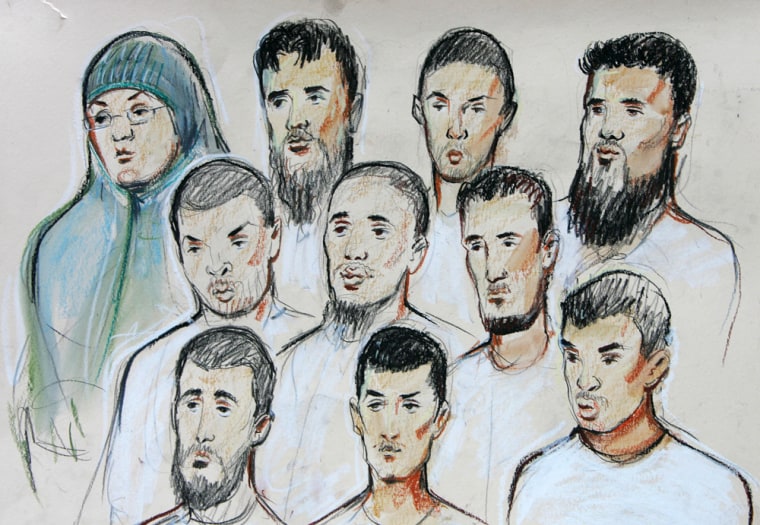 A court drawing of the accused in the alleged terror plot to blow up U.S.-bound airliners are from top left, Cossar Ali, Mehran Hussain, Ibrahim Savant, Wheed Zaman, middle row, Arafat Waheed Khan, Umar Islam, Ahmed Abdullah Ali, bottom row, Tanvir Hussain, Adam Khatib and Assad Ali Sarwar as they sit in Westminster Magistrates Court in London,  Tuesday Aug. 22, 2006. (AP Photo/Priscilla Coleman)  ** UNITED KINGDOM OUT TV OUT **