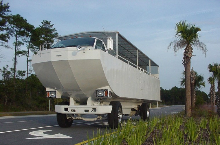 A Hydra Terra amphibious bus sits on a highway in Bluffton, S.C., in this 2002 photo provided by its maker, Cool Amphibious Manufacturers International. This model is similar to those that were offered to aid search and rescue efforts in New Orleans after Hurricane Katrina struck in 2005. 