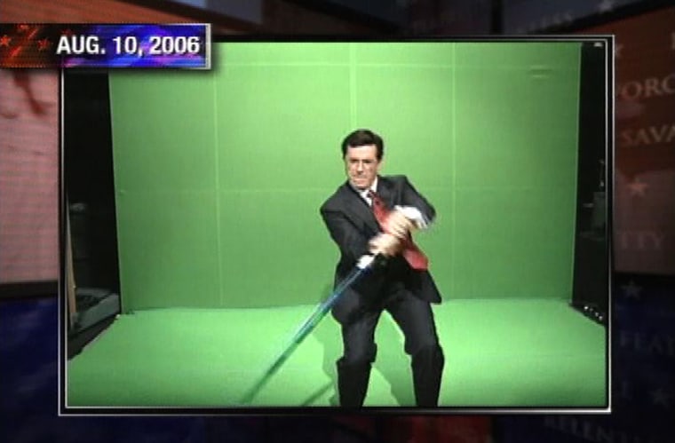Stephen Colbert, who has asked his fans to make him a viral-video star, shows off his lightsaber skills in front of a green screen on his Comedy Central television show, "The Colbert Report."