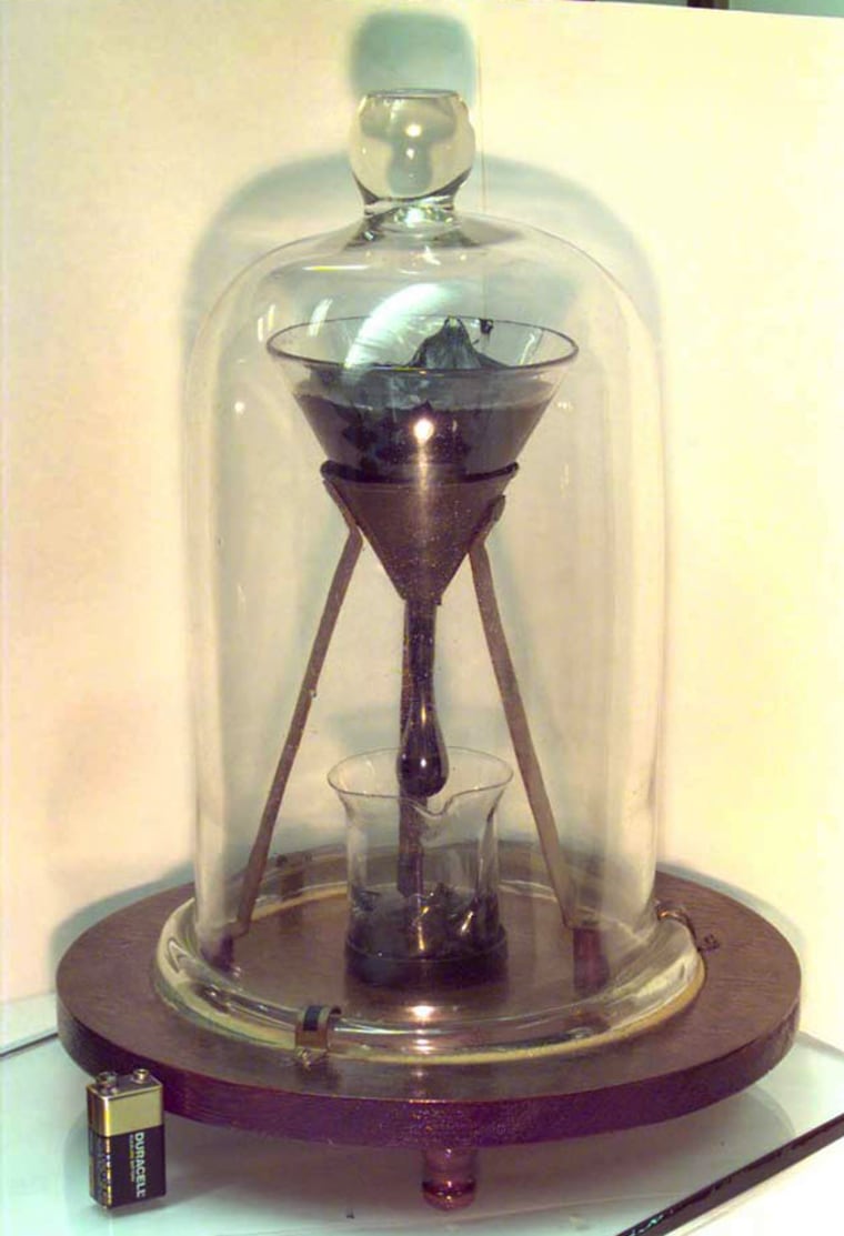 The pitch drop experiment set up in 1927 by physicist Thomas Parnell at the University of Queensland in Australia. Image used with permission from the university.