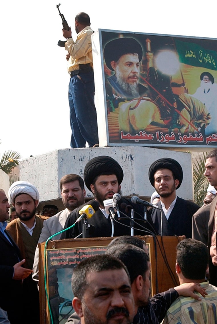 Radical Shiite cleric Muqtada al-Sadr speaks to his supporters Sunday in Basra, 340 miles southeast of Baghdad, Iraq.