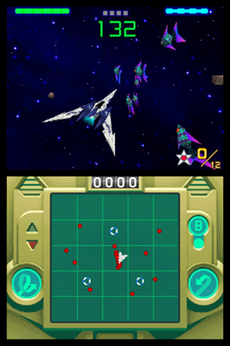 This video image shows one of the many space battles in "Star Fox Command," Nintendo's new game for the DS handheld.