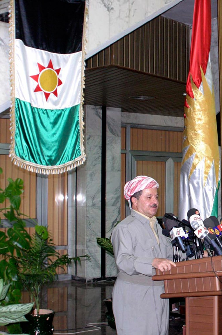 Iraq's Kurdistan president Barzani speaks during a conference in Arbil