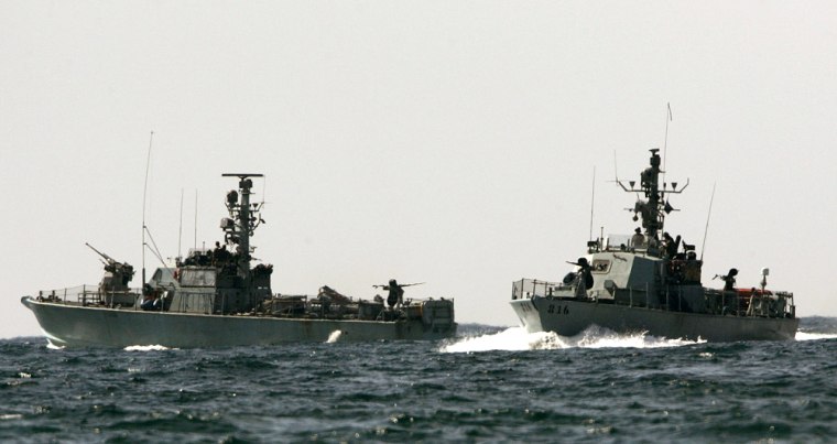 Israeli naval boats patrol off the northern Israeli coast next to the border crossing with Lebanon at Rosh Haniqra on Thursday. Israel lifted its air blockade of Lebanon but kept its naval blockade of the country.