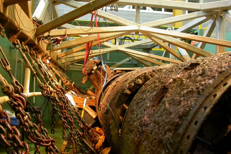 Shown are straps attached to the rear hatch of the Confederate submarine H.L. before it was removed. The 40-foot, hand-cranked sub, the first in history to sink an enemy warship, sank off Charleston after sending the Union blockade ship Housatonic to the bottom on Feb. 17, 1864.