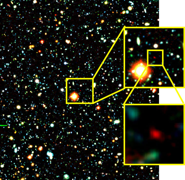 A series of images zooming in on Galaxy IOK-1, the reddish object in the center of the last panel, currently the most distant known galaxy about 12.88 billion light years away. 