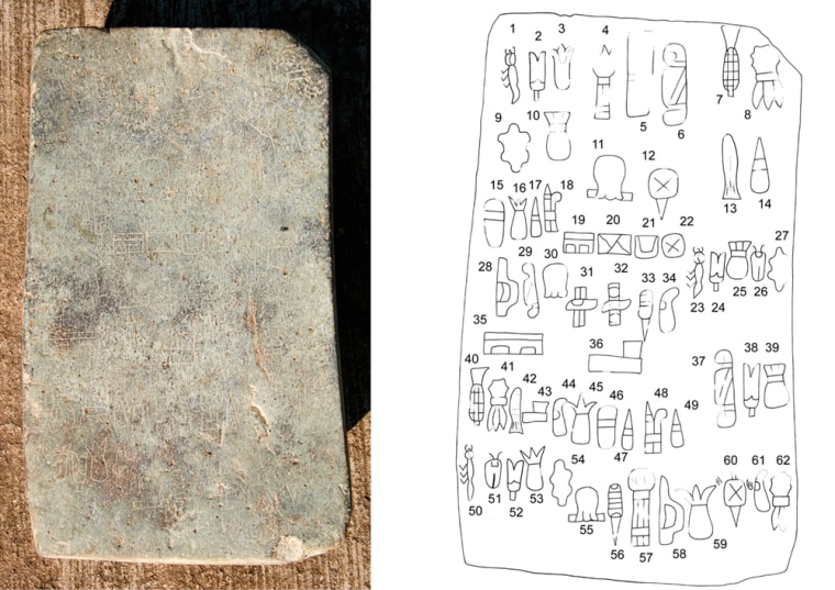 These images provided by the journal Science show the Cascajal block from Veracruz, Mexico, and a drawing of the block at right. The stone block inscribed with patterned images is believed to be the oldest example of writing in the New World.