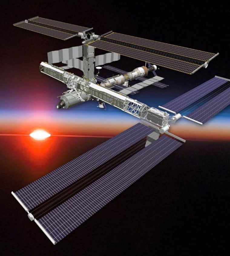 A computer generated view of the International Space Station after NASA's STS-115 mission, which will deliver the Port 3/Port 4 truss segment and two new solar arrays (right) to the orbital laboratory.