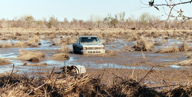 A pickup truck sits in a field of marsh debris in  Louisiana's Chenier Plain after Hurricane Katrina.