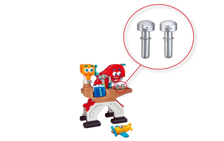 This image, from Hasbro’s Web site, shows the oversized, plastic toy nails sold with the Tool Bench toys that caused the suffocation of two small children.