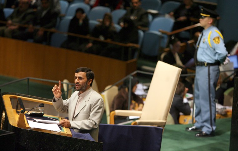 Iranian President Mahmoud Ahmadinejad addresses the 61st session of the United Nations General Assembly at U.N. headquarters on Sept. 19.     