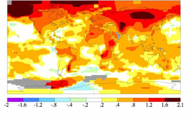 This color-coded map shows how surface temperatures changed on average from 2001 to 2005. 2005 was the warmest ranked year on record. Dark red indicates the greatest warming and purple indicates the greatest cooling. The numbers refer to temperature anomalies as measured by degrees Celsius.