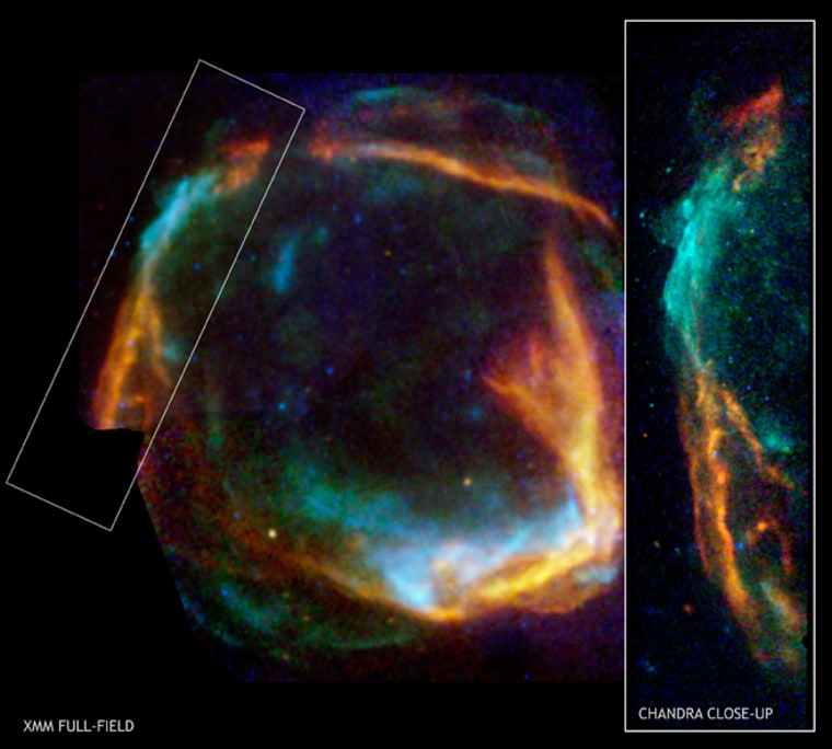 The combined imagery of RCW 86, gathered by the Chandra and XMM-Newton X-ray observatories, shows the expanding ring of debris created after a supernova. The more detailed Chandra view is shown as an inset image on the right-hand side of the frame. 
