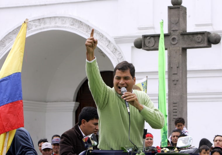 Leftist presidential front-runner Rafael Correa talks to his supporters during a campaign rally in Salcedo, Ecuador, on Wednesday.