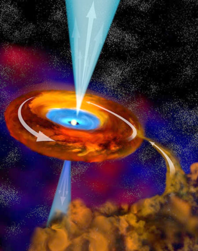 This illustration shows the process that is thought to have given birth to the massive star G24 A1: Material falls into a doughnut surrounding the star, adding to the star's mass. Radiation shoots out from above and below - keeping the doughnut itself intact. 