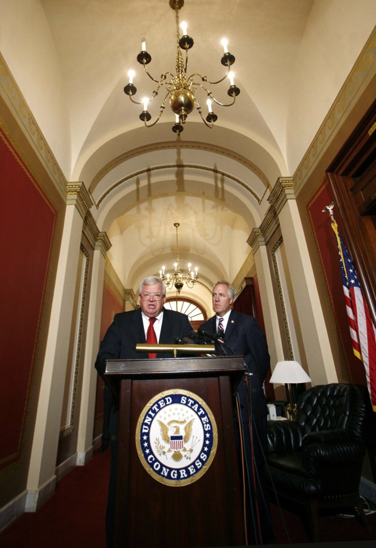 Speaker of the House Hastert and Shimkus speak to reporters about Foley in the Capitol in Washington
