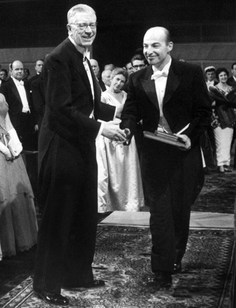 File photo of American Kornberg seen receiving Nobel Prize in medicine from King Gustaf VI Adolf of Sweden