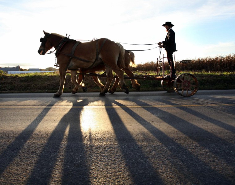 Amish man rides cart to funeral for murdered Amish children in Nickel Mines, Pennsylvania