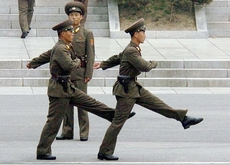 North Korean soldiers march at the borde