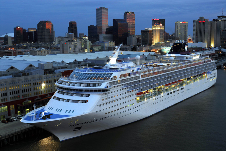 The Norwegian Sun cruise ship enters the Port of New Orleans before dawn as the first cruise ship to homeport in New Orleans since Hurricane Katrina.